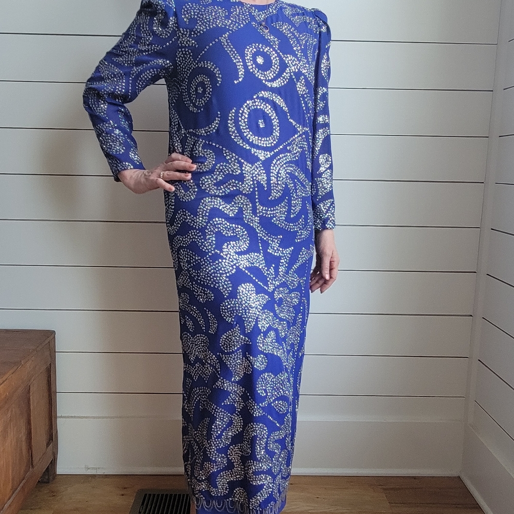 1980s Miss Eliette Royal Blue Glitter Silk Evening